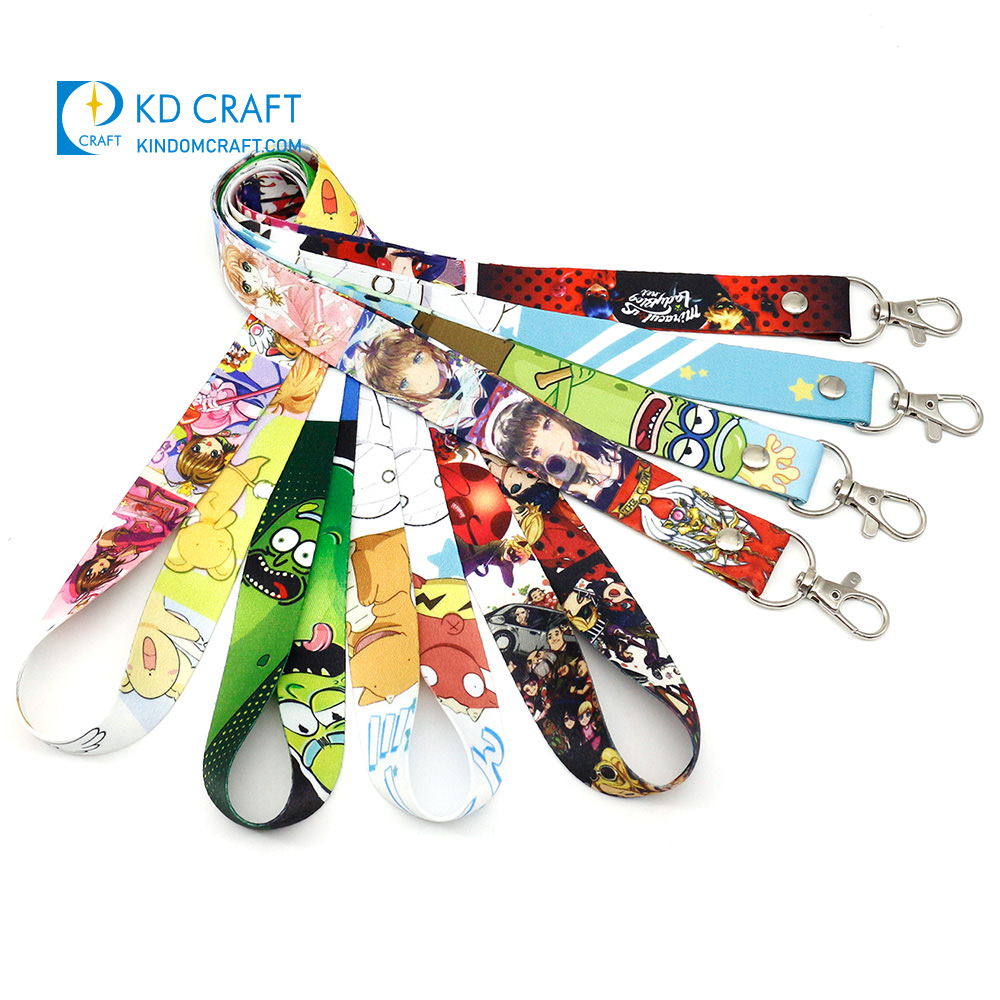 Custom dye sublimation printing cute cartoon character anime lanyard with metal clip